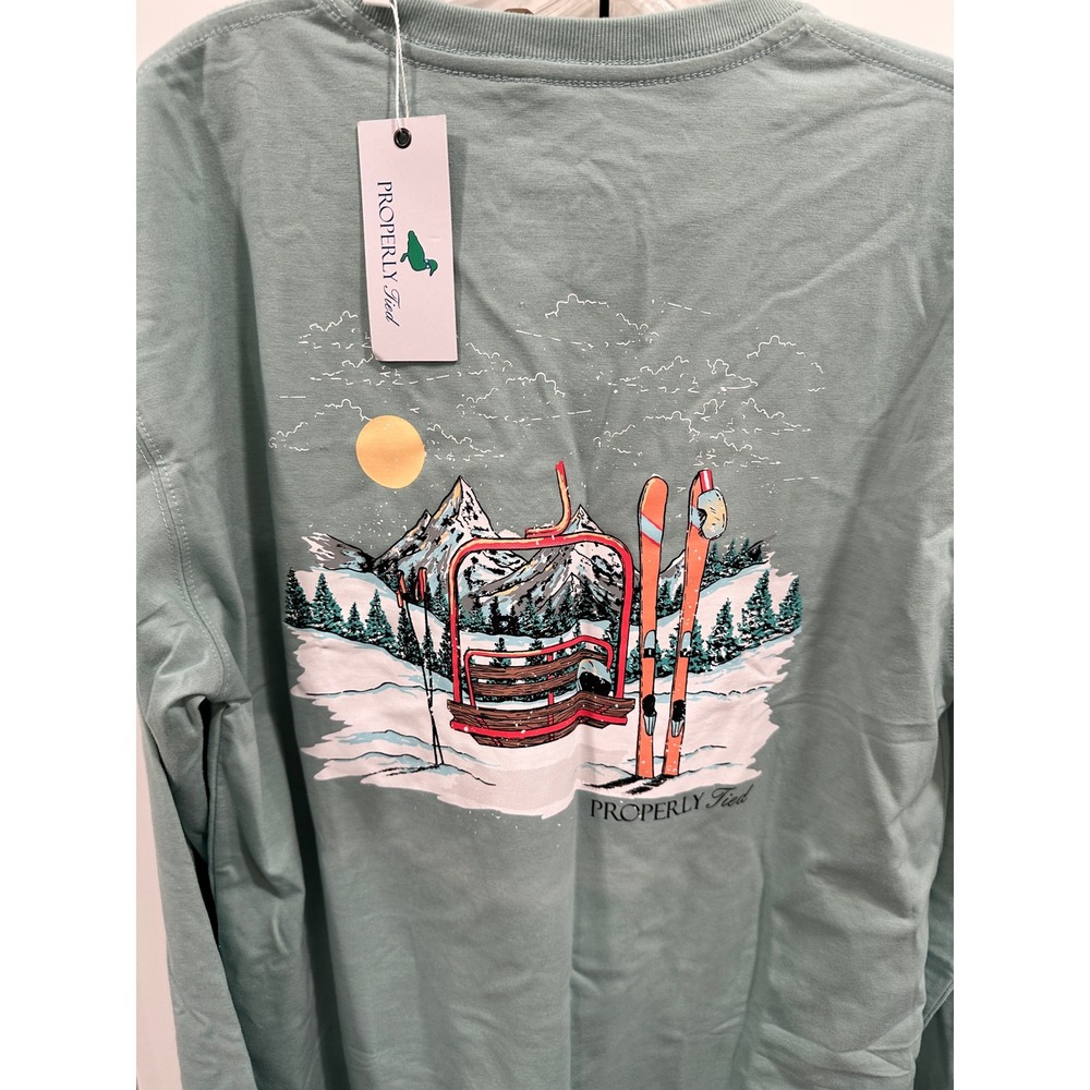 Properly Tied Mens Medium‎ Long Sleeve Ski Chairlift Graphic T Shirt